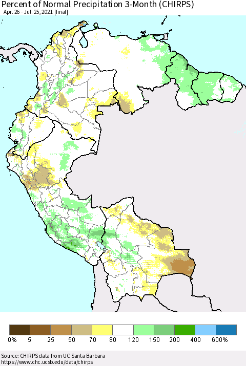 Northern South America Percent of Normal Precipitation 3-Month (CHIRPS) Thematic Map For 4/26/2021 - 7/25/2021