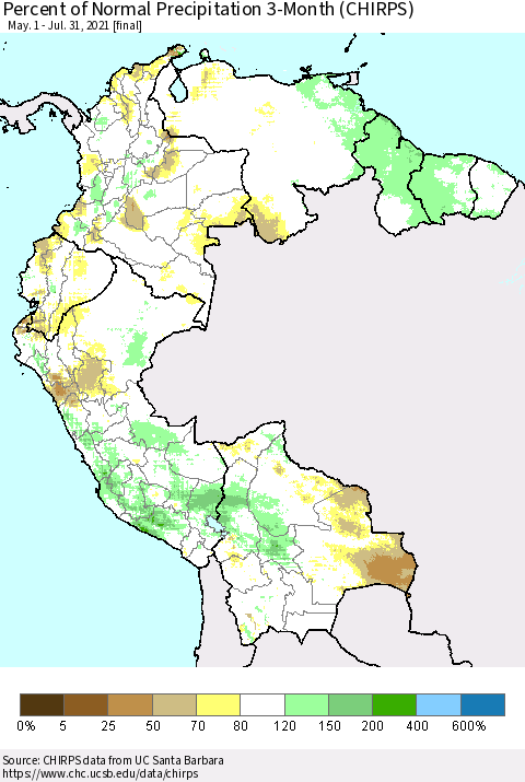 Northern South America Percent of Normal Precipitation 3-Month (CHIRPS) Thematic Map For 5/1/2021 - 7/31/2021