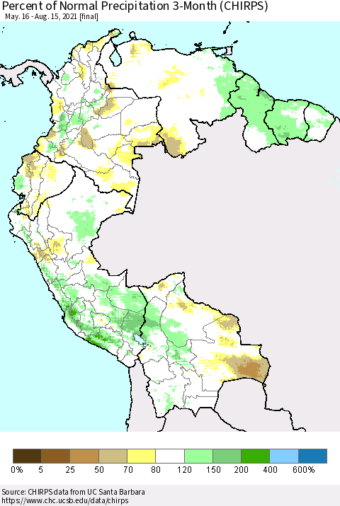 Northern South America Percent of Normal Precipitation 3-Month (CHIRPS) Thematic Map For 5/16/2021 - 8/15/2021
