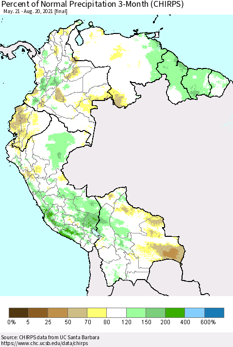 Northern South America Percent of Normal Precipitation 3-Month (CHIRPS) Thematic Map For 5/21/2021 - 8/20/2021