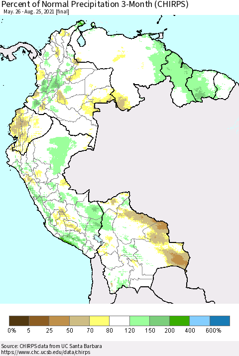 Northern South America Percent of Normal Precipitation 3-Month (CHIRPS) Thematic Map For 5/26/2021 - 8/25/2021