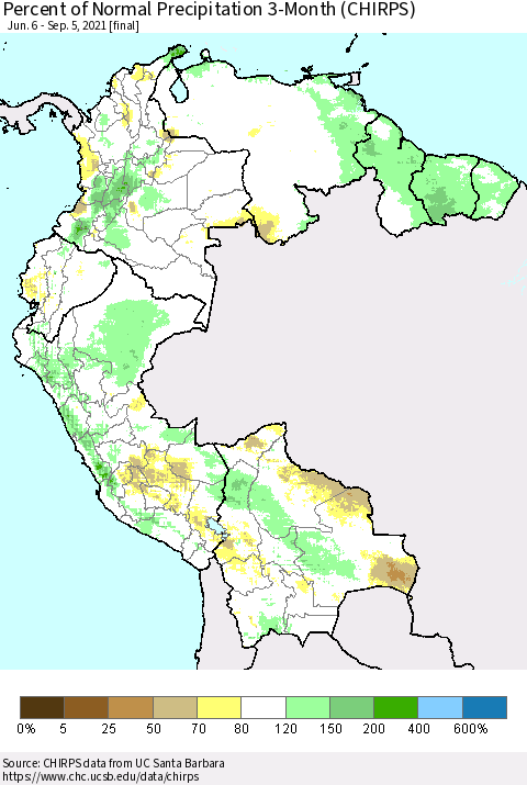 Northern South America Percent of Normal Precipitation 3-Month (CHIRPS) Thematic Map For 6/6/2021 - 9/5/2021