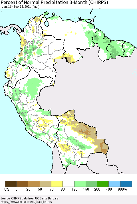 Northern South America Percent of Normal Precipitation 3-Month (CHIRPS) Thematic Map For 6/16/2021 - 9/15/2021