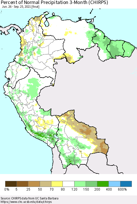 Northern South America Percent of Normal Precipitation 3-Month (CHIRPS) Thematic Map For 6/26/2021 - 9/25/2021