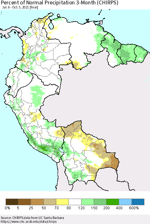 Northern South America Percent of Normal Precipitation 3-Month (CHIRPS) Thematic Map For 7/6/2021 - 10/5/2021