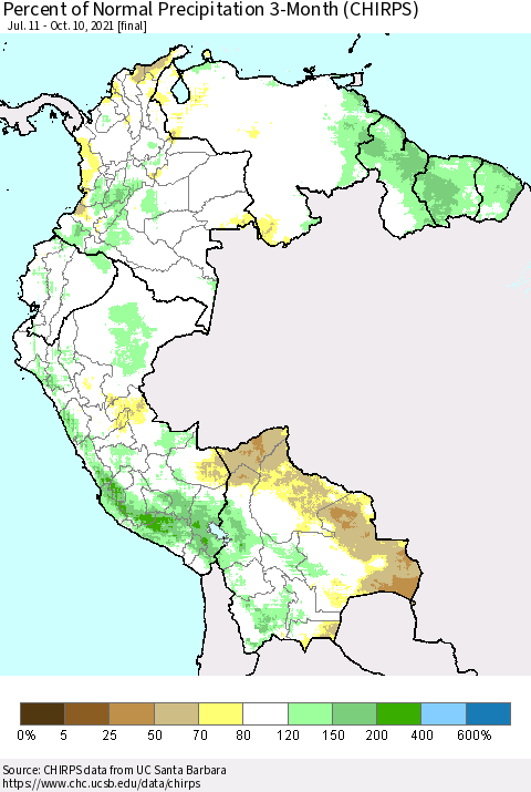 Northern South America Percent of Normal Precipitation 3-Month (CHIRPS) Thematic Map For 7/11/2021 - 10/10/2021
