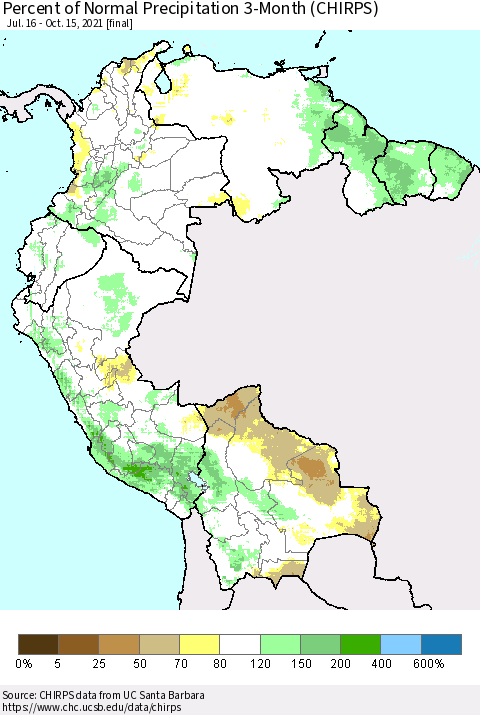 Northern South America Percent of Normal Precipitation 3-Month (CHIRPS) Thematic Map For 7/16/2021 - 10/15/2021
