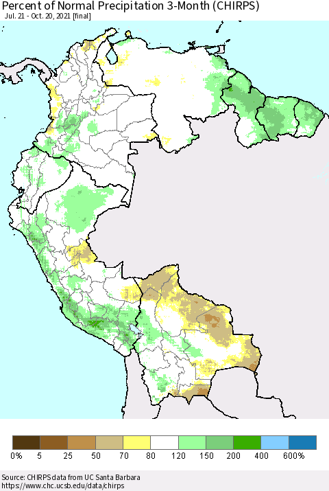 Northern South America Percent of Normal Precipitation 3-Month (CHIRPS) Thematic Map For 7/21/2021 - 10/20/2021
