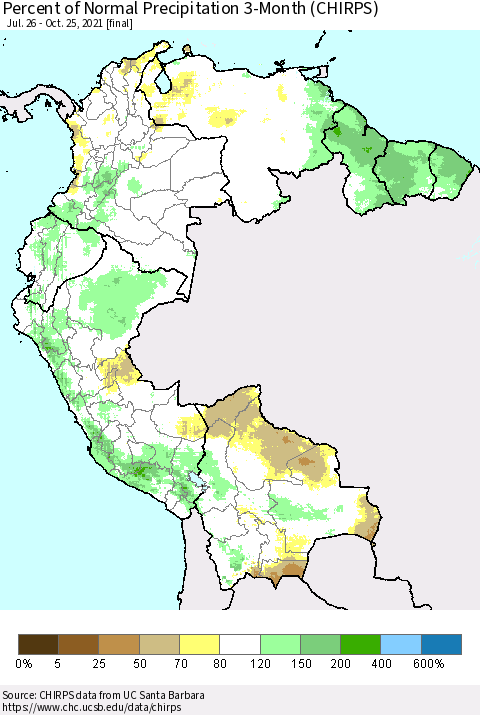 Northern South America Percent of Normal Precipitation 3-Month (CHIRPS) Thematic Map For 7/26/2021 - 10/25/2021