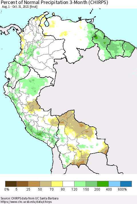 Northern South America Percent of Normal Precipitation 3-Month (CHIRPS) Thematic Map For 8/1/2021 - 10/31/2021