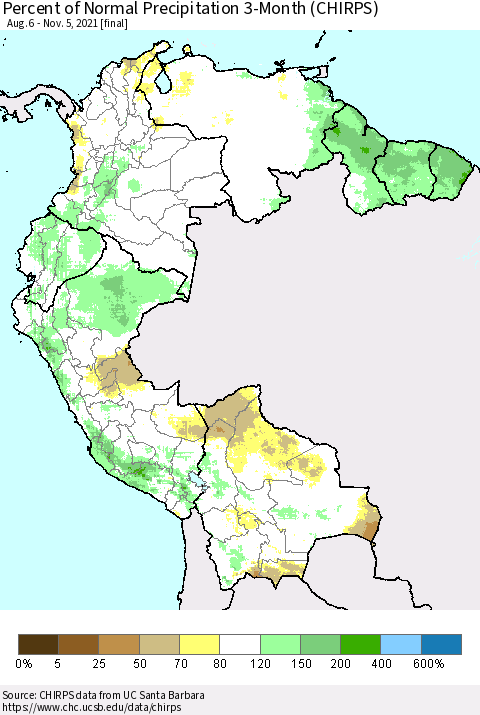 Northern South America Percent of Normal Precipitation 3-Month (CHIRPS) Thematic Map For 8/6/2021 - 11/5/2021