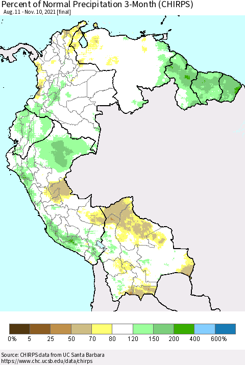 Northern South America Percent of Normal Precipitation 3-Month (CHIRPS) Thematic Map For 8/11/2021 - 11/10/2021