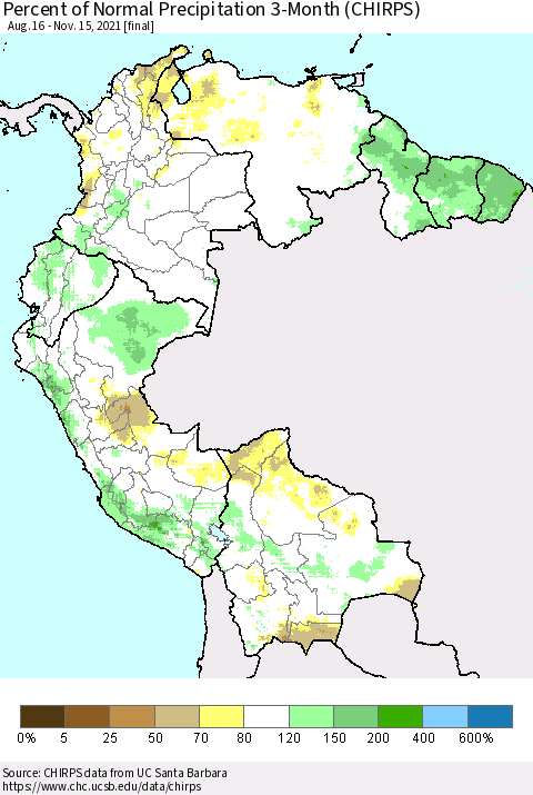 Northern South America Percent of Normal Precipitation 3-Month (CHIRPS) Thematic Map For 8/16/2021 - 11/15/2021