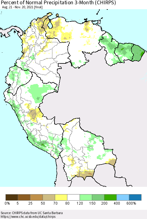 Northern South America Percent of Normal Precipitation 3-Month (CHIRPS) Thematic Map For 8/21/2021 - 11/20/2021