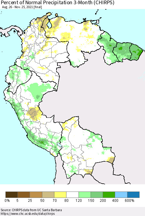 Northern South America Percent of Normal Precipitation 3-Month (CHIRPS) Thematic Map For 8/26/2021 - 11/25/2021