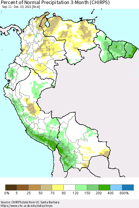 Northern South America Percent of Normal Precipitation 3-Month (CHIRPS) Thematic Map For 9/11/2021 - 12/10/2021