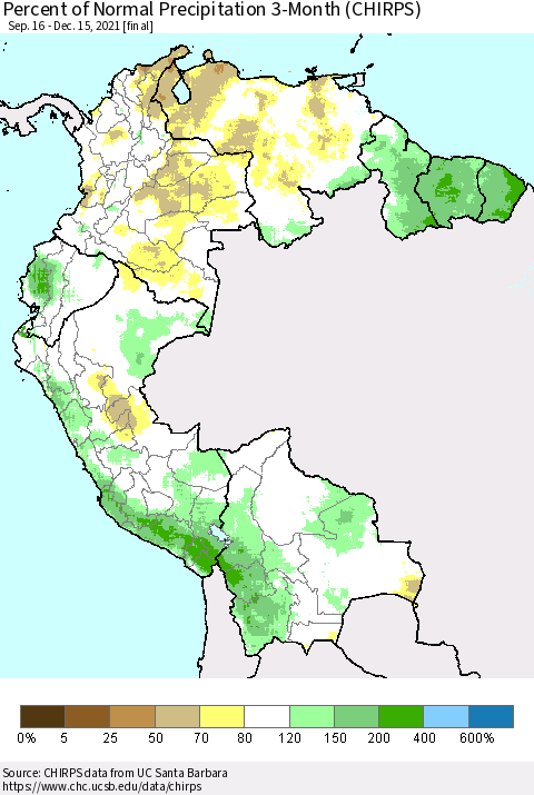 Northern South America Percent of Normal Precipitation 3-Month (CHIRPS) Thematic Map For 9/16/2021 - 12/15/2021