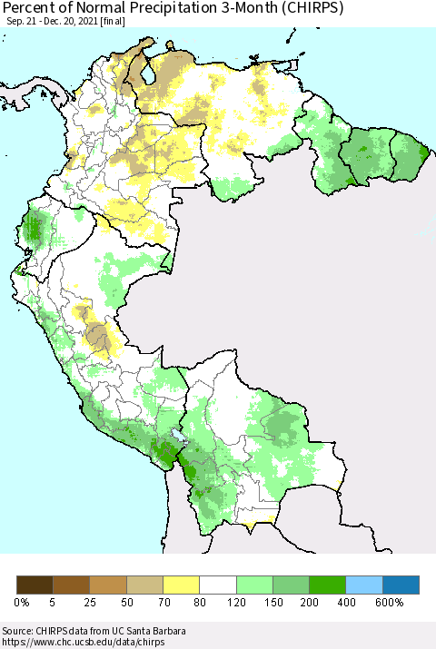 Northern South America Percent of Normal Precipitation 3-Month (CHIRPS) Thematic Map For 9/21/2021 - 12/20/2021