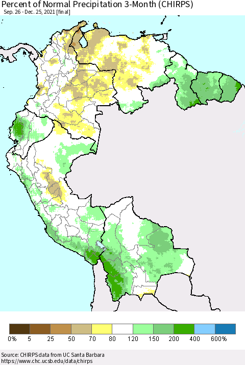 Northern South America Percent of Normal Precipitation 3-Month (CHIRPS) Thematic Map For 9/26/2021 - 12/25/2021