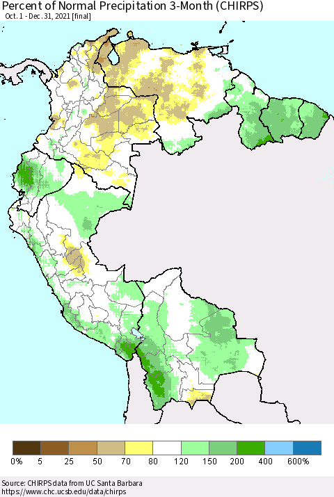 Northern South America Percent of Normal Precipitation 3-Month (CHIRPS) Thematic Map For 10/1/2021 - 12/31/2021