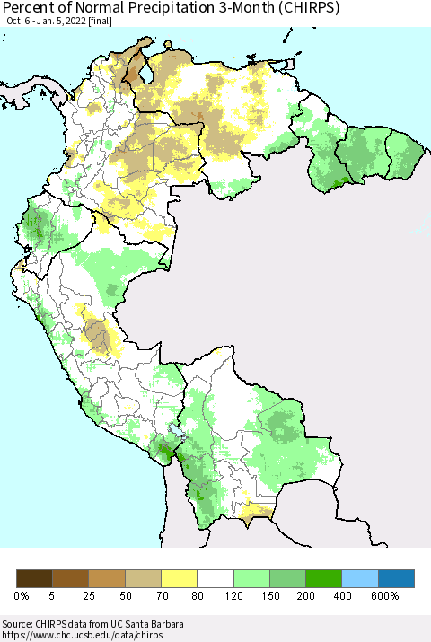 Northern South America Percent of Normal Precipitation 3-Month (CHIRPS) Thematic Map For 10/6/2021 - 1/5/2022
