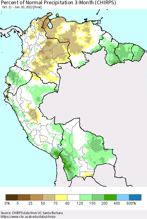 Northern South America Percent of Normal Precipitation 3-Month (CHIRPS) Thematic Map For 10/11/2021 - 1/10/2022
