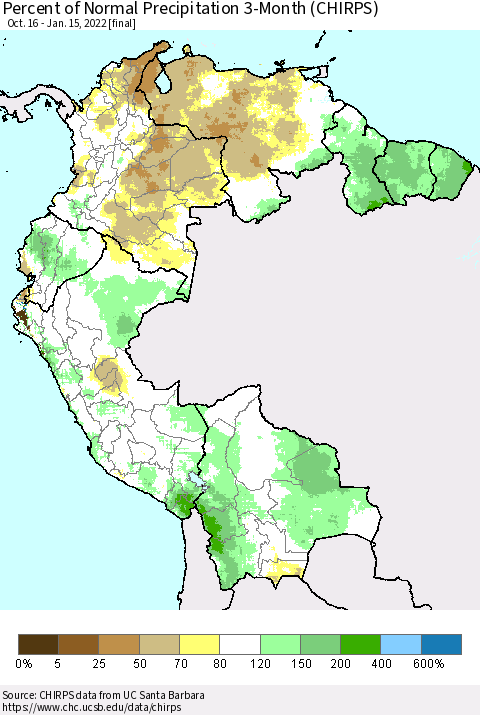 Northern South America Percent of Normal Precipitation 3-Month (CHIRPS) Thematic Map For 10/16/2021 - 1/15/2022