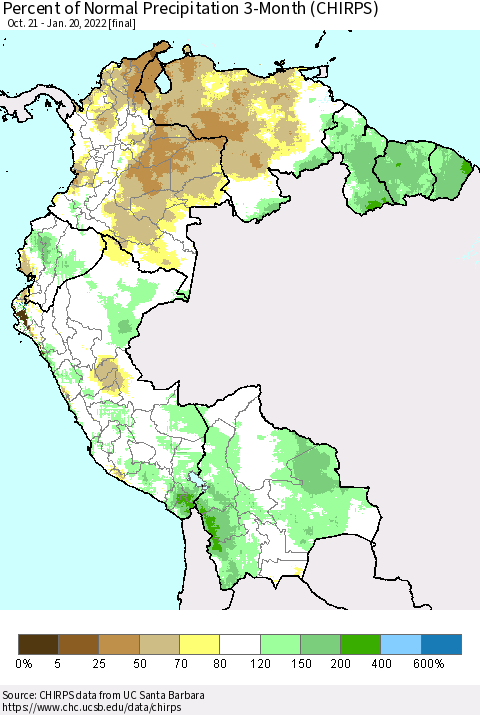 Northern South America Percent of Normal Precipitation 3-Month (CHIRPS) Thematic Map For 10/21/2021 - 1/20/2022