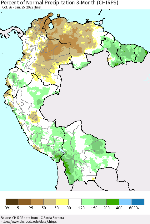 Northern South America Percent of Normal Precipitation 3-Month (CHIRPS) Thematic Map For 10/26/2021 - 1/25/2022