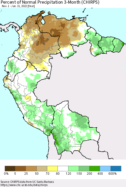 Northern South America Percent of Normal Precipitation 3-Month (CHIRPS) Thematic Map For 11/1/2021 - 1/31/2022