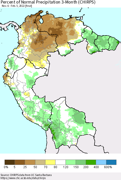 Northern South America Percent of Normal Precipitation 3-Month (CHIRPS) Thematic Map For 11/6/2021 - 2/5/2022