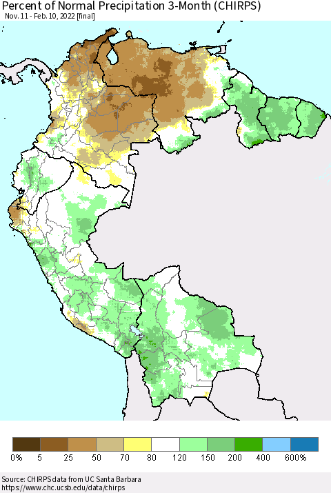 Northern South America Percent of Normal Precipitation 3-Month (CHIRPS) Thematic Map For 11/11/2021 - 2/10/2022