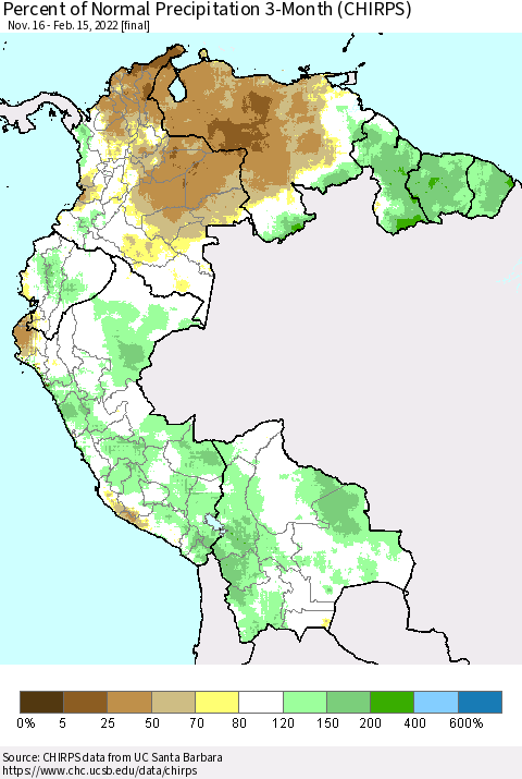 Northern South America Percent of Normal Precipitation 3-Month (CHIRPS) Thematic Map For 11/16/2021 - 2/15/2022