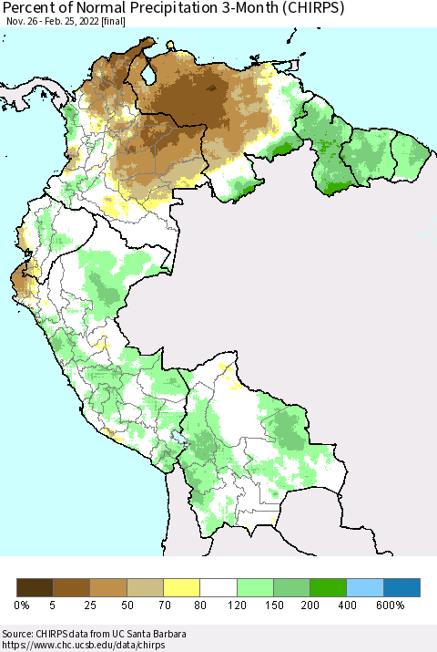 Northern South America Percent of Normal Precipitation 3-Month (CHIRPS) Thematic Map For 11/26/2021 - 2/25/2022