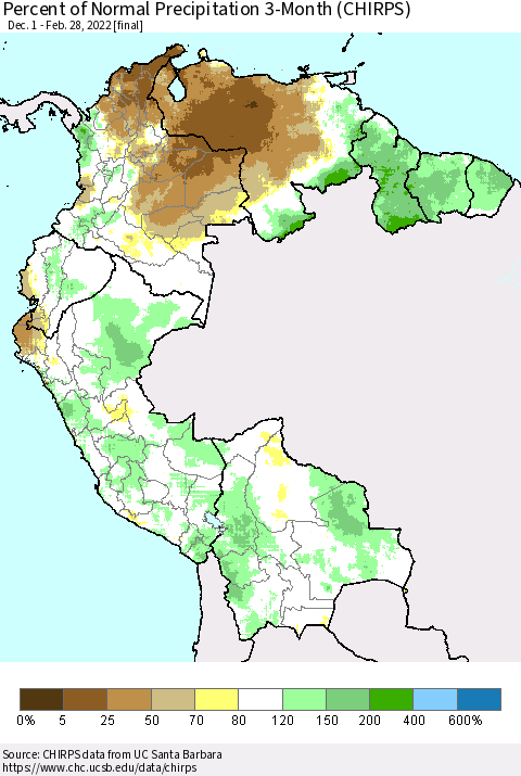 Northern South America Percent of Normal Precipitation 3-Month (CHIRPS) Thematic Map For 12/1/2021 - 2/28/2022