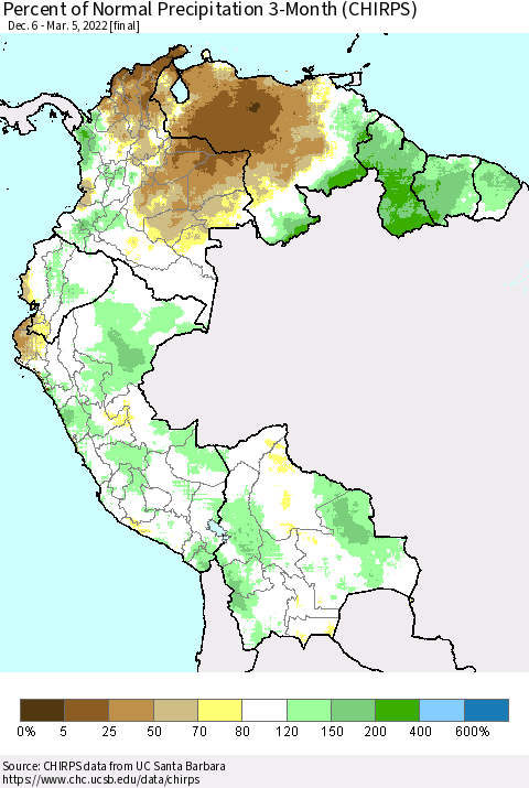 Northern South America Percent of Normal Precipitation 3-Month (CHIRPS) Thematic Map For 12/6/2021 - 3/5/2022
