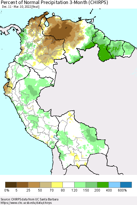 Northern South America Percent of Normal Precipitation 3-Month (CHIRPS) Thematic Map For 12/11/2021 - 3/10/2022