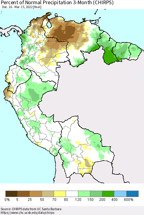 Northern South America Percent of Normal Precipitation 3-Month (CHIRPS) Thematic Map For 12/16/2021 - 3/15/2022