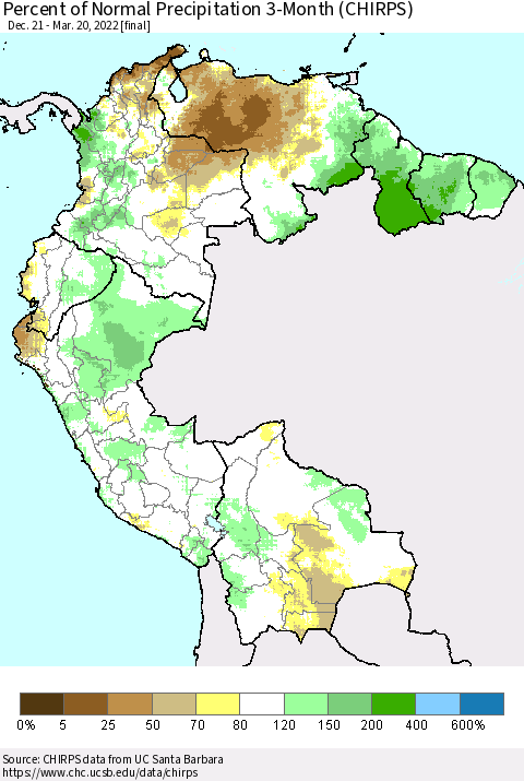 Northern South America Percent of Normal Precipitation 3-Month (CHIRPS) Thematic Map For 12/21/2021 - 3/20/2022