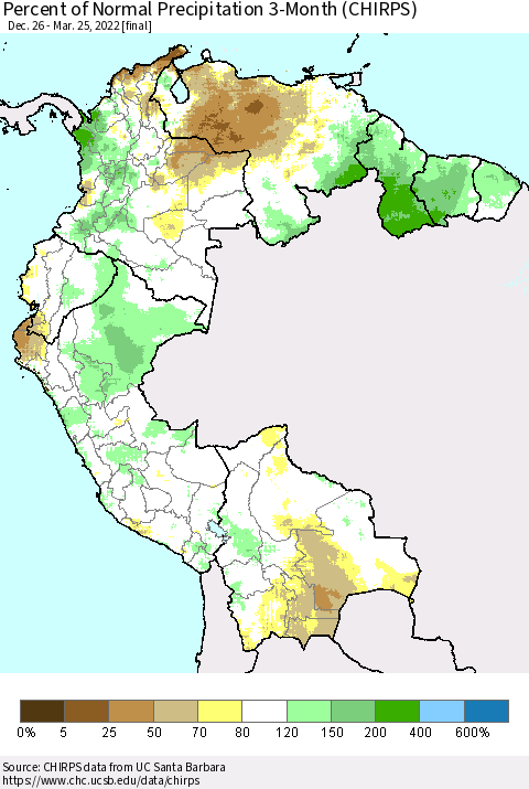 Northern South America Percent of Normal Precipitation 3-Month (CHIRPS) Thematic Map For 12/26/2021 - 3/25/2022