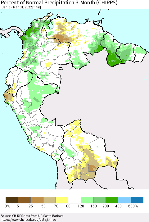 Northern South America Percent of Normal Precipitation 3-Month (CHIRPS) Thematic Map For 1/1/2022 - 3/31/2022