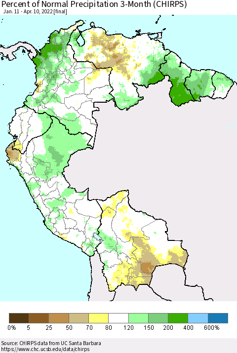 Northern South America Percent of Normal Precipitation 3-Month (CHIRPS) Thematic Map For 1/11/2022 - 4/10/2022
