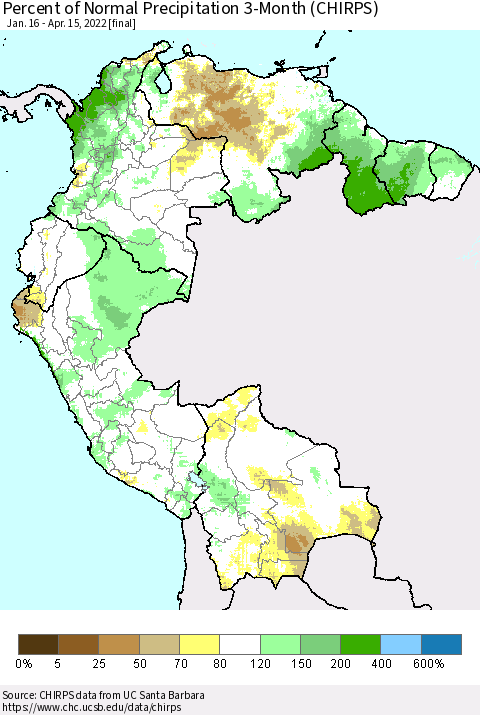 Northern South America Percent of Normal Precipitation 3-Month (CHIRPS) Thematic Map For 1/16/2022 - 4/15/2022