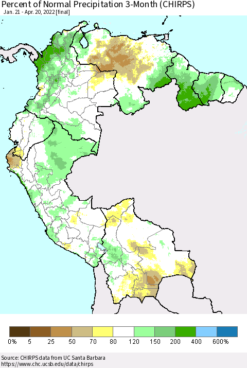 Northern South America Percent of Normal Precipitation 3-Month (CHIRPS) Thematic Map For 1/21/2022 - 4/20/2022