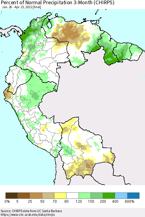 Northern South America Percent of Normal Precipitation 3-Month (CHIRPS) Thematic Map For 1/26/2022 - 4/25/2022