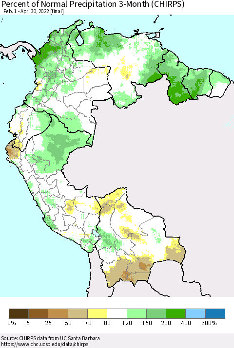 Northern South America Percent of Normal Precipitation 3-Month (CHIRPS) Thematic Map For 2/1/2022 - 4/30/2022
