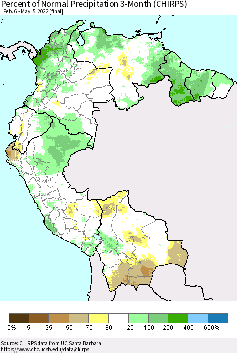 Northern South America Percent of Normal Precipitation 3-Month (CHIRPS) Thematic Map For 2/6/2022 - 5/5/2022