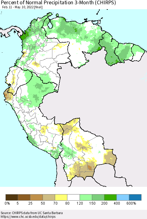 Northern South America Percent of Normal Precipitation 3-Month (CHIRPS) Thematic Map For 2/11/2022 - 5/10/2022