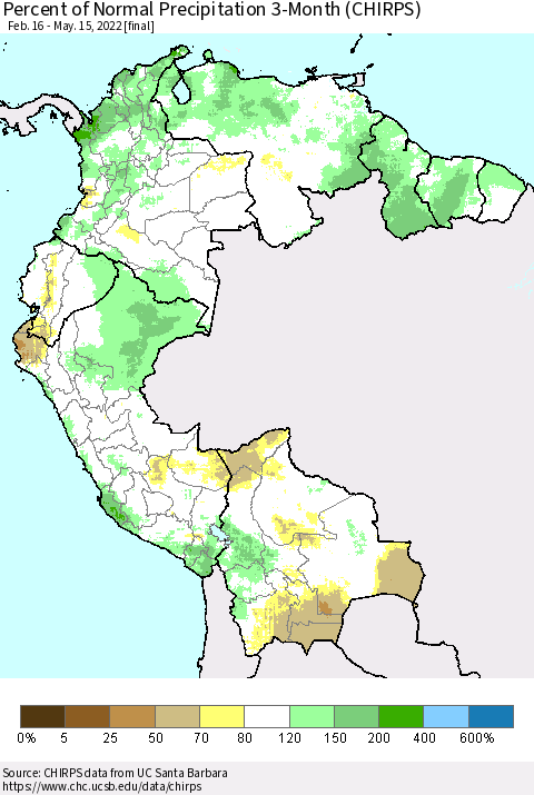 Northern South America Percent of Normal Precipitation 3-Month (CHIRPS) Thematic Map For 2/16/2022 - 5/15/2022