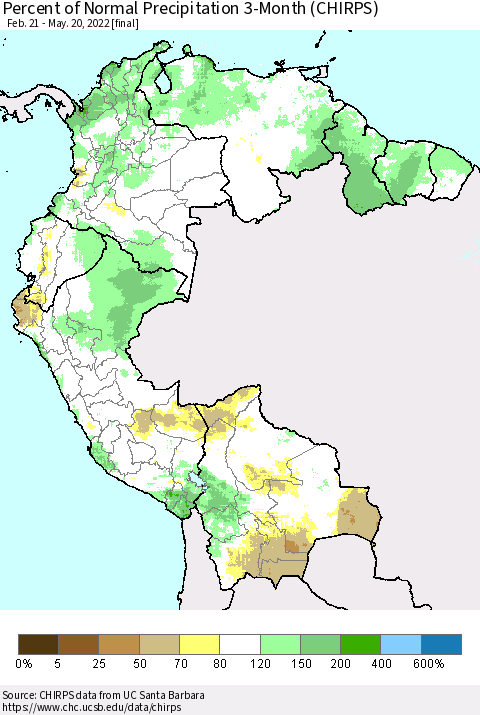 Northern South America Percent of Normal Precipitation 3-Month (CHIRPS) Thematic Map For 2/21/2022 - 5/20/2022